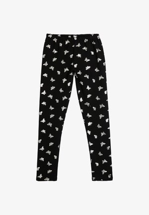 Sorte leggings med hvide sommerfuglemønstre jævnt fordelt, med elastisk talje og slim-fit ben.