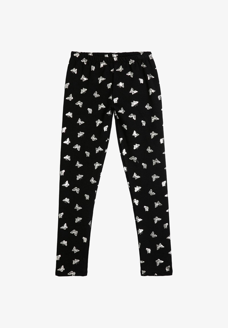 Zwarte leggings met gelijkmatig verspreide witte vlmetjes, met een elastische tailleband en slim-fit pijpen.
