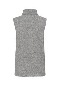 Pulover din lână gri deschis, fără mâneci, cu guler înalt și un finisaj texturat, moale. Design simplu, fără modele sau elemente metalice vizibile.
