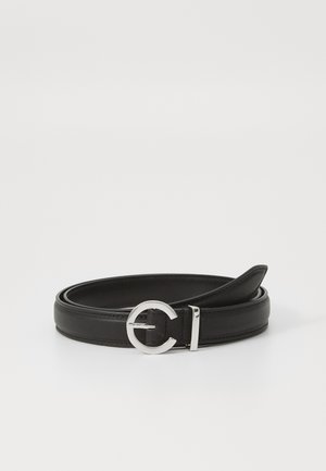 Black leather belt with a smooth finish. Features a circular silver buckle with a letter "C" design. Flat, flexible strap.
