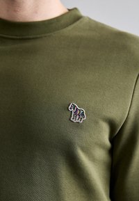 Personne portant un sweat-shirt vert olive avec un petit logo zèbre multicolore brodé sur la poitrine.
