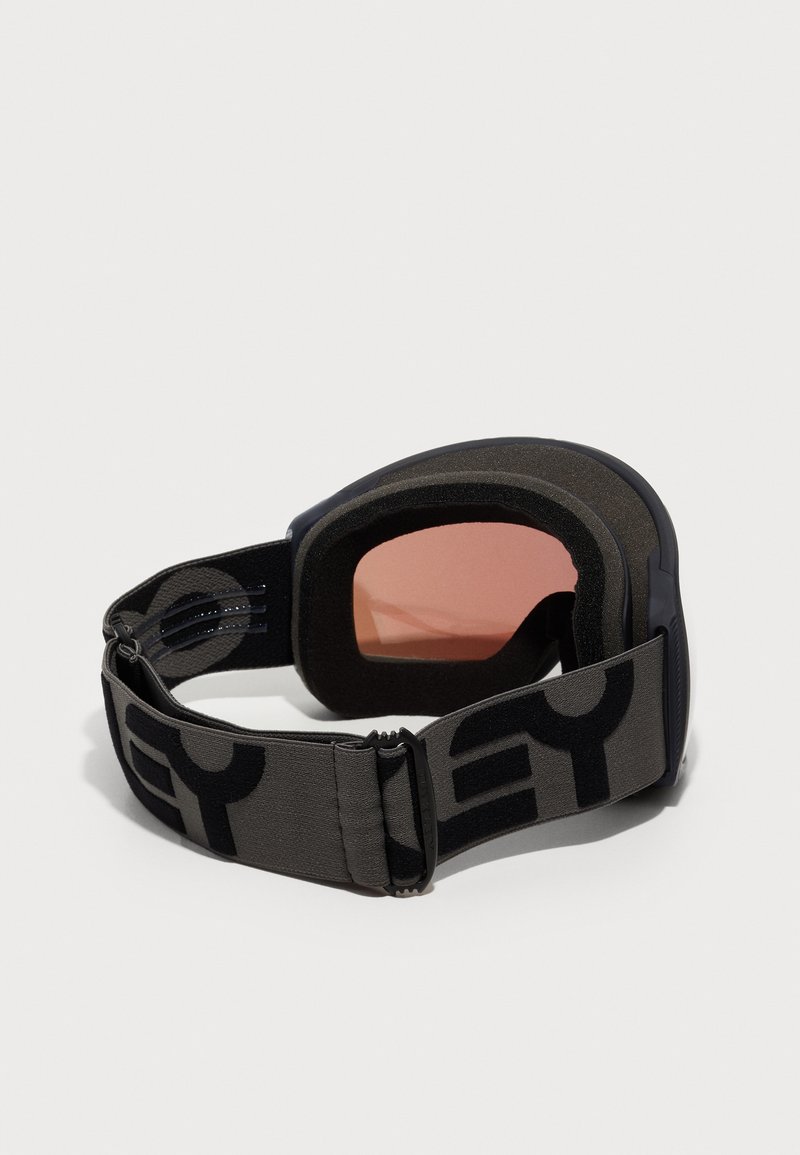 Ski goggles with a black and gray elastic strap, pink tinted lenses, foam padding, and black EY logo printed on the strap.