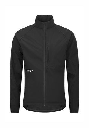 Black lightweight jacket with a high collar, full front zipper, and a zippered chest pocket. Features textured fabric and a logo on the left side.