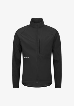 Black lightweight jacket with a high collar, full front zipper, and a zippered chest pocket. Features textured fabric and a logo on the left side.