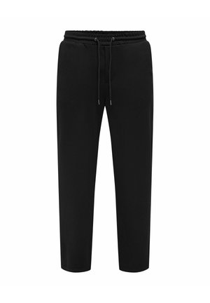 Sorte afslappede sweatpants med elastisk talje og snørelukning, lige ben, præsenteret på en hvid baggrund.