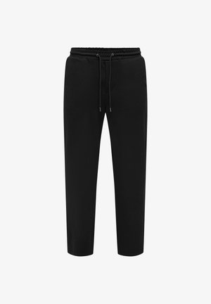 Sorte afslappede sweatpants med elastisk talje og snørelukning, lige ben, præsenteret på en hvid baggrund.