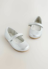 Sudrabaini baleta dzīvokļi ar apaļu purngalu, plakanām zolēm un regulējamu siksniņu pār pēdas augšpusi. Gluda virsma ar smalku spīdumu.