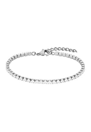 Bracelet de tennis en argent avec petites pierres rondes transparentes et fermoir à chaîne réglable.