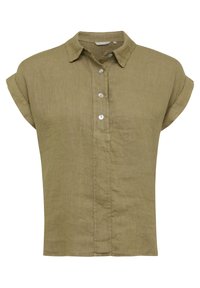Camicia di lino verde oliva con colletto, maniche corte arrotolate e chiusura frontale con bottoni. Presenta un tessuto texturizzato e dettagli di cucitura sottili.