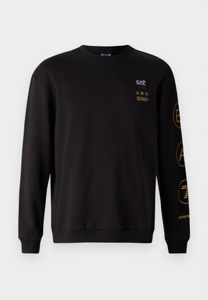 Zwarte sweatshirt van een katoenmix, met een ronde hals, ribgebreide manchetten en bedrukte gouden accenten met branding op de voorkant en mouw.