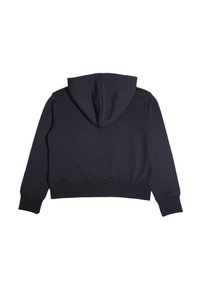 Felpa corta blu navy con cappuccio regolabile, polsini e orlo a costine. Il tessuto presenta un aspetto texture con un rivestimento interno liscio.