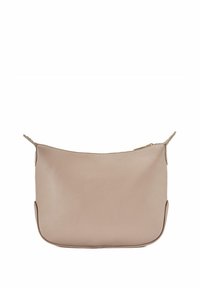 Beżowa skórzana torba na ramię o gładkiej fakturze, zaokrąglonym kształcie i z zapięciem na zamek. Nie ma widocznych wzorów ani akcentów metalowych.