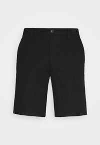 Schwarze Shorts mit geradem Schnitt, ausgestattet mit einem Knopfverschluss, seitlichen Taschen und einer glatten Stofftextur. Keine sichtbaren Muster oder Akzente.
