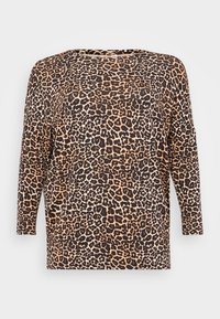 Långärmad topp i leopardmönster med avslappnad passform, rund halsringning och textil i nyanser av brunt och beige.
