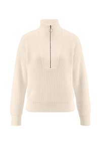Cremfarbener gerippter Pullover mit einem Reißverschluss am hohen Kragen, tiefem V-Ausschnitt und langen Ärmeln. Verfügt über strukturierte Akzente entlang des Ausschnitts.