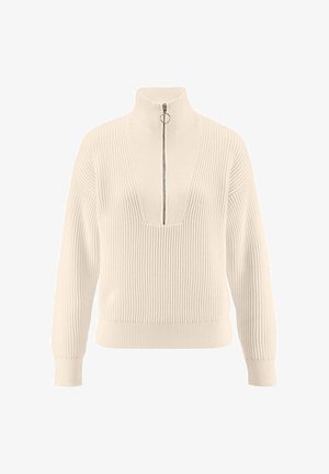 Crème ribbeltrui met een ritssluiting op de hoge kraag, diepe V-hals en lange mouwen. Heeft textuuraccenten langs de halslijn.