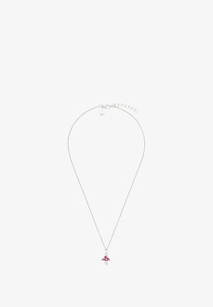 Collana in argento con ciondolo a forma di fungo smaltato rosso con macchie bianche, caratterizzata da un design delicato e chiusura regolabile.
