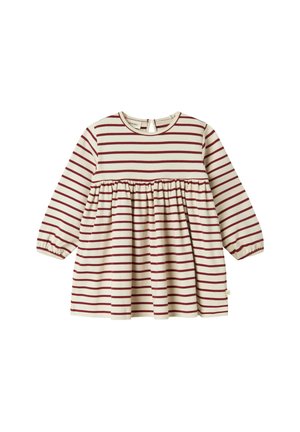 Robe rayée à manches longues, avec un col rond, une taille froncée et des rayures rouges sur fond crème. Fermeture en goutte d'eau au dos.