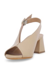 Sandali décolleté beige con una larga fascia, design minimalista, tacco a blocco e una fibbia regolabile per una vestibilità sicura.