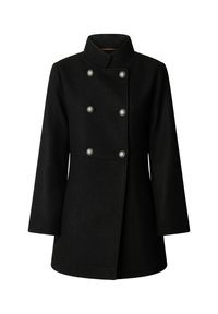 Melna vilnas maisījuma mētelis ar augstu apkakli, divrindu dizains, seši metāla pogas un pieguļoša silueta.