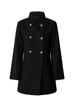 Zwarte wolmix jas met een hoge kraag, dubbel-breasted ontwerp, zes metalen knopen en een getailleerde silhouette.