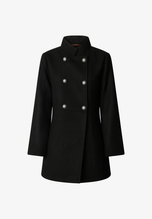 Black wool-blend coat with a high collar, double-breasted design, six metallic buttons, and a fitted silhouette.