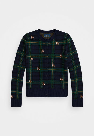 Marine rutete cardigan med grønne og gule detaljer, med broderte hundemotiver. Ribbet mansjetter og kant, femknaps lukking.