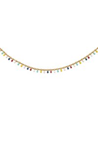 Collar de cadena en tono dorado que presenta gotas de cuentas multicolores en varias formas, incluyendo lágrima y óvalo, distribuidas de manera uniforme a lo largo de la cadena.