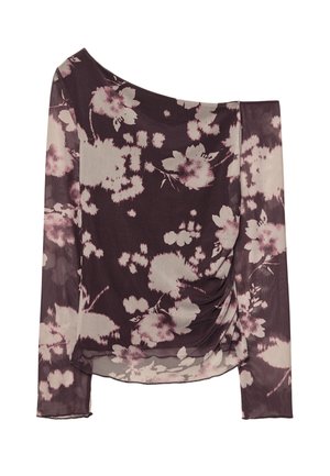 Bluse med lange ærmer i gennemsigtigt stof, med en mørkelilla bund og lyse blomster mønstre. Asymmetrisk halsudskæring med sammenfoldet detalje på siden.