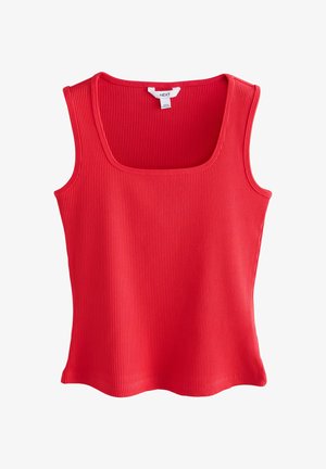 Top rosso a coste con scollatura quadrata, design senza maniche e texture morbida. L'orlo è leggermente curvato nella parte inferiore.