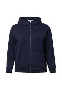 Navy blauwe zip-up hoodie van zachte stof, met een voorkanagaroezak, ribgebreide manchetten en een geborduurd logo op de borst.