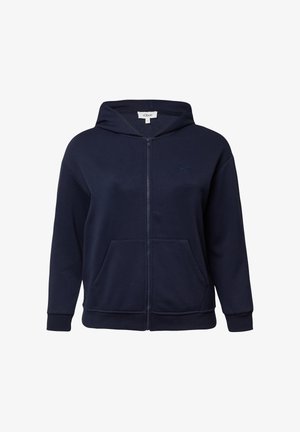 Granatowa bluza z kapturem na zamek, wykonana z miękkiego materiału, z przednią kieszenią kangurką, ściągaczami przy mankietach oraz haftowanym logo na piersi.