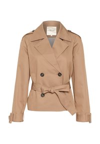 Beige värvi trench coat, valmistatud kergest kangast, topelt lähemisega suurte mustade nööpidega, vöödiga taljes ja õlavarre peal epauletid.