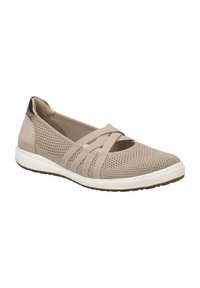 Béžová síťová slip-on obuv s křížovými popruhy, texturovaným svrškem a kontrastním akcentem na patě. Bílá gumová podrážka s hnědým vzorkem.