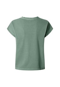 Απλή μπλούζα με κοντά μανίκια σε χρώμα φασκόμηλο, με στρογγυλή λαιμόκοψη, εμφανίζεται από πίσω σε λευκό φόντο.