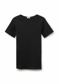 Schwarzes, geripptes Kurzarm-T-Shirt mit rundem Halsausschnitt. Hergestellt aus dehnbarem Stoff, mit sauberem Finish und ohne sichtbares Logo.