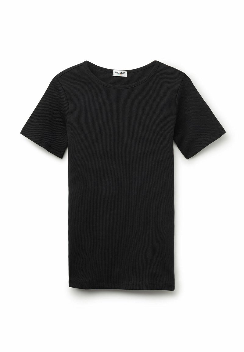 Schwarzes, geripptes Kurzarm-T-Shirt mit rundem Halsausschnitt. Hergestellt aus dehnbarem Stoff, mit sauberem Finish und ohne sichtbares Logo.