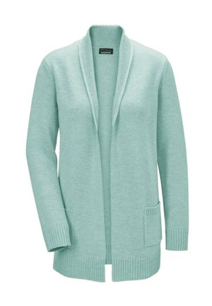  Lichtgroene cardigan met open voorkant, geribde manchetten en zoom, met twee voorzakken. Gemaakt van zachte gebreide stof.