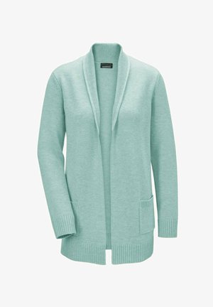 Light green cardigan with open front, ribbed cuffs and hem, featuring two front pockets. Made from soft knit fabric.