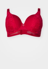 Röd spets-bh med vadderade kupor, scallop-formad spetsdekoration och en silverhjärtan-accent i mitten. Justerbara axelband och hakknäppning bak.