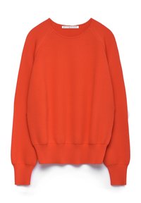 Heldere oranje sweatshirt gemaakt van gestructureerde brei stof. Bevat ribgebreide manchetten en tailleband, met een ronde halslijn en raglanmouwen.