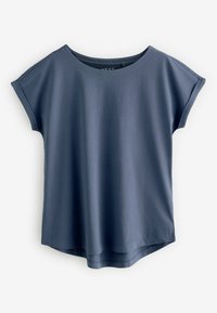 Kurze Ärmel, Rundhalsoberteil in dunkelmarineblau. Hergestellt aus glattem Stoff, bietet eine lockere Passform mit einem leichten Hi-Lo-Saum.