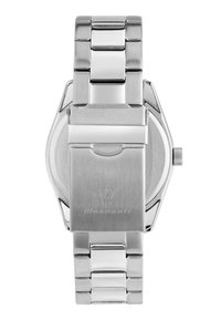 Silberne Edelstahl-Uhr mit polierter Oberfläche, achteckigem Gehäuse und Metallarmband. Verfügt über eine strukturierte Krone und graviertes Logo.