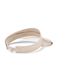 Beige napkalap ívelt, átlátszó műanyag karimával és állítható szövetpánttal, amelyen diszkrét logó található. Simogatós textúra, ergonómikus design.