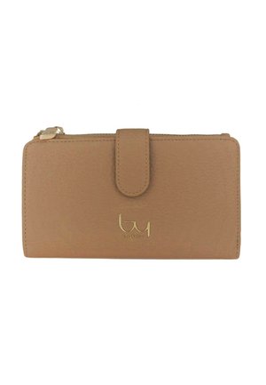 Portafoglio in pelle marrone chiaro con scomparto con cerniera, cinturino con chiusura a scatto e logo dorato "byblos" al centro davanti.