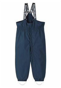 Tuta impermeabile navy con vita e orli delle caviglie elastici. Spalline nere regolabili con marchio bianco. Chiusura frontale a scatto.