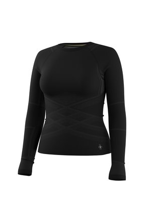 Sort, langærmet tætsiddende atletisk skjorte med subtile geometriske mønstre og et lille reflekterende logo nær taljebåndet.