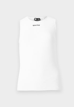Λευκό αμάνικο αθλητικό τοπ με το λογότυπο «sportful» σε μαύρο, τοποθετημένο στο κέντρο κοντά στη γραμμή του λαιμού, μέγεθος μεσαίο, εμφανιζόμενο σε γκρι φόντο.