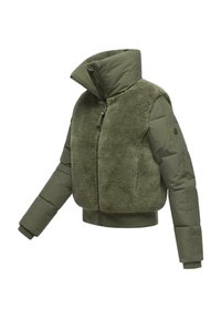 Olive green jacket featuring a plush, fleece-like fabric on the upper and quilted, padded sleeves with ribbed cuffs and hem.