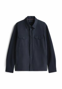 Granatowa, długiego rękawa koszula-jacket w gładkim materiale, z zapięciem na guziki z przodu, dwiema kieszeniami na piersi i klasycznym kołnierzykiem.